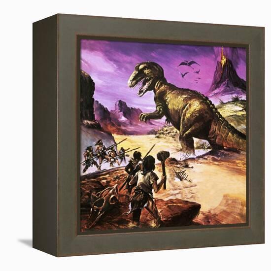 Cavemen, Dinosaur and Volcano - for an Article About Special Effects-Gerry Wood-Framed Premier Image Canvas