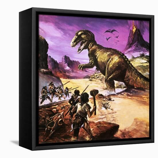 Cavemen, Dinosaur and Volcano - for an Article About Special Effects-Gerry Wood-Framed Premier Image Canvas