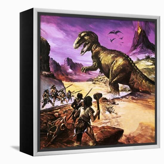 Cavemen, Dinosaur and Volcano - for an Article About Special Effects-Gerry Wood-Framed Premier Image Canvas