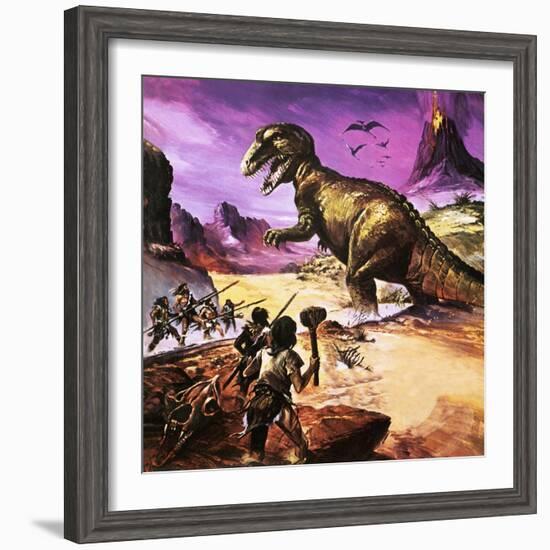 Cavemen, Dinosaur and Volcano - for an Article About Special Effects-Gerry Wood-Framed Giclee Print