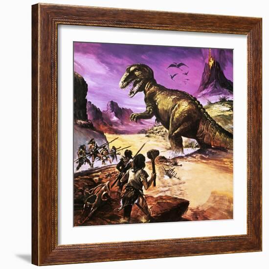 Cavemen, Dinosaur and Volcano - for an Article About Special Effects-Gerry Wood-Framed Giclee Print