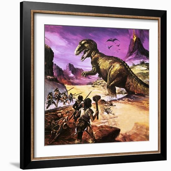 Cavemen, Dinosaur and Volcano - for an Article About Special Effects-Gerry Wood-Framed Giclee Print