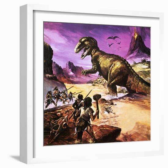 Cavemen, Dinosaur and Volcano - for an Article About Special Effects-Gerry Wood-Framed Giclee Print