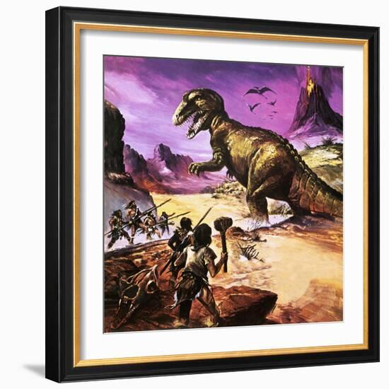 Cavemen, Dinosaur and Volcano - for an Article About Special Effects-Gerry Wood-Framed Giclee Print