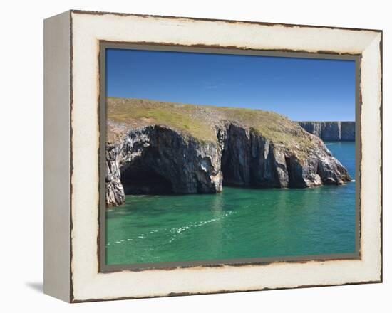 Caves at Raming Hole, Looking Towards Stackpole Head, Pembrokeshire, Wales, United Kingdom, Europe-David Clapp-Framed Premier Image Canvas