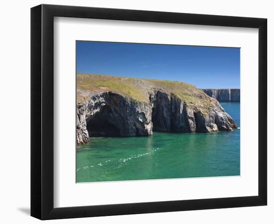 Caves at Raming Hole, Looking Towards Stackpole Head, Pembrokeshire, Wales, United Kingdom, Europe-David Clapp-Framed Photographic Print