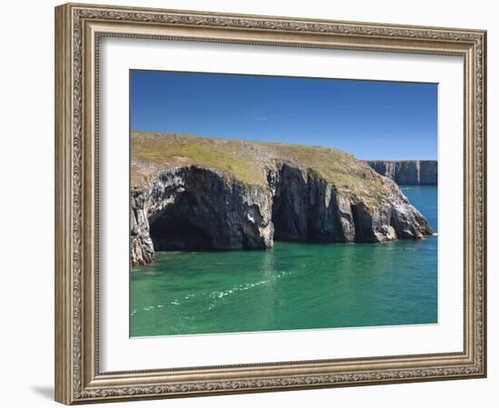 Caves at Raming Hole, Looking Towards Stackpole Head, Pembrokeshire, Wales, United Kingdom, Europe-David Clapp-Framed Photographic Print