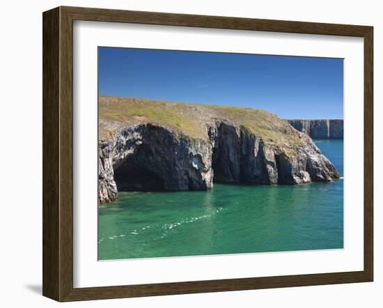 Caves at Raming Hole, Looking Towards Stackpole Head, Pembrokeshire, Wales, United Kingdom, Europe-David Clapp-Framed Photographic Print