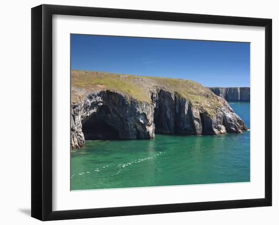 Caves at Raming Hole, Looking Towards Stackpole Head, Pembrokeshire, Wales, United Kingdom, Europe-David Clapp-Framed Photographic Print