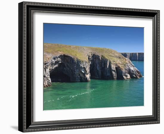 Caves at Raming Hole, Looking Towards Stackpole Head, Pembrokeshire, Wales, United Kingdom, Europe-David Clapp-Framed Photographic Print