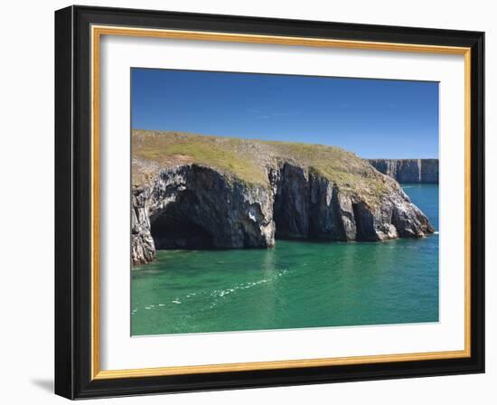 Caves at Raming Hole, Looking Towards Stackpole Head, Pembrokeshire, Wales, United Kingdom, Europe-David Clapp-Framed Photographic Print