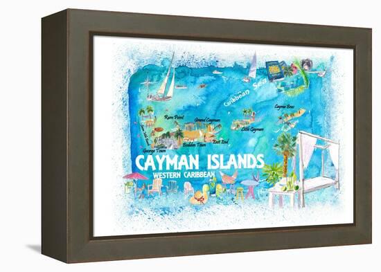 Cayman Islands Illustrated Travel Map with Roads and Highlights-M. Bleichner-Framed Stretched Canvas