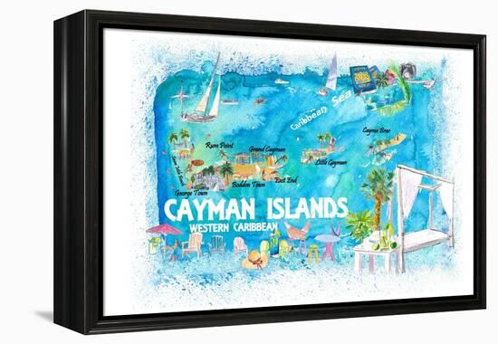 Cayman Islands Illustrated Travel Map with Roads and Highlights-M. Bleichner-Framed Stretched Canvas