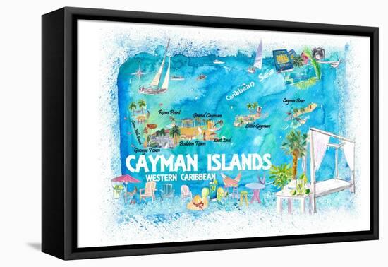 Cayman Islands Illustrated Travel Map with Roads and Highlights-M. Bleichner-Framed Stretched Canvas