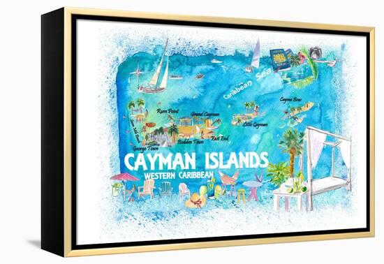 Cayman Islands Illustrated Travel Map with Roads and Highlights-M. Bleichner-Framed Stretched Canvas