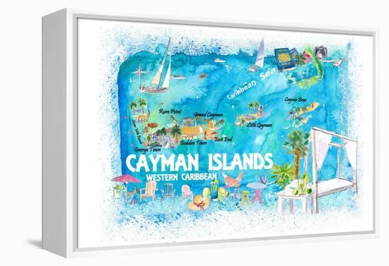 Cayman Islands Illustrated Travel Map with Roads and Highlights-M. Bleichner-Framed Stretched Canvas