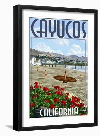 Cayucos, California - Beach and Pier Scene-Lantern Press-Framed Art Print