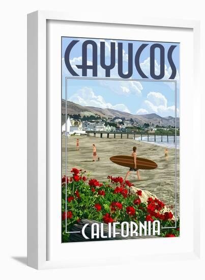 Cayucos, California - Beach and Pier Scene-Lantern Press-Framed Art Print