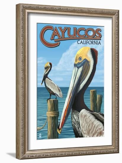 Cayucos, California - Pelicans-Lantern Press-Framed Premium Giclee Print