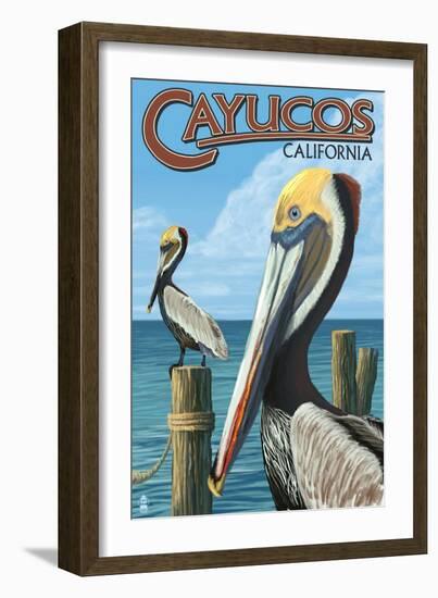 Cayucos, California - Pelicans-Lantern Press-Framed Premium Giclee Print
