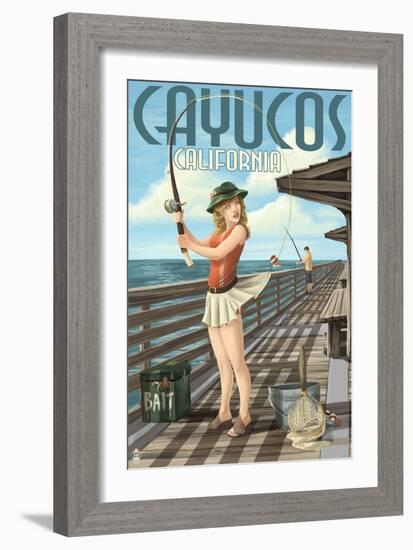 Cayucos, California - Pinup Girl Fishing-Lantern Press-Framed Art Print