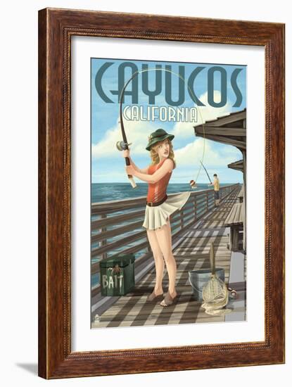 Cayucos, California - Pinup Girl Fishing-Lantern Press-Framed Art Print