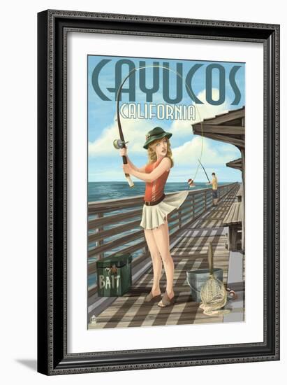 Cayucos, California - Pinup Girl Fishing-Lantern Press-Framed Art Print