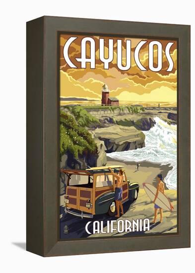 Cayucos, California - Woody and Lighthouse-Lantern Press-Framed Stretched Canvas