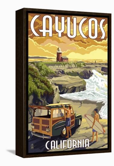 Cayucos, California - Woody and Lighthouse-Lantern Press-Framed Stretched Canvas