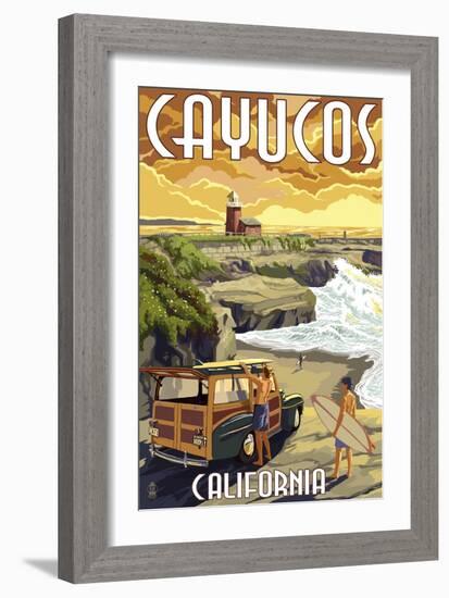 Cayucos, California - Woody and Lighthouse-Lantern Press-Framed Art Print