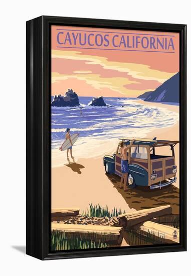 Cayucos, California - Woody on Beach-Lantern Press-Framed Stretched Canvas