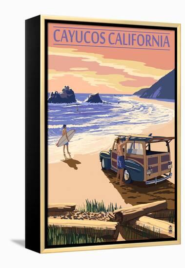 Cayucos, California - Woody on Beach-Lantern Press-Framed Stretched Canvas