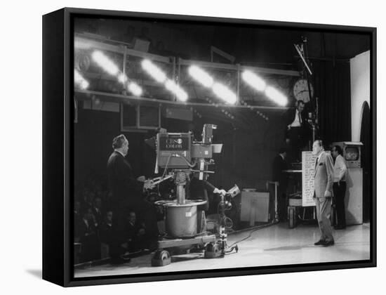 CBS Cameraman Filming Ed Sullivan During "The Ed Sullivan Show," Cue Cards are Visible Behind Him-Arthur Schatz-Framed Premier Image Canvas