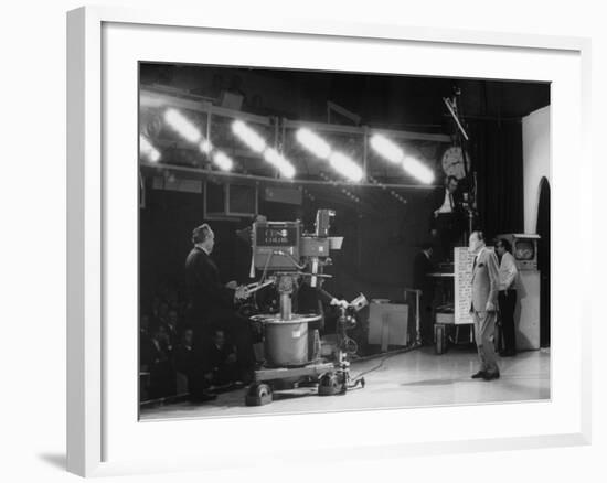 CBS Cameraman Filming Ed Sullivan During "The Ed Sullivan Show," Cue Cards are Visible Behind Him-Arthur Schatz-Framed Premium Photographic Print