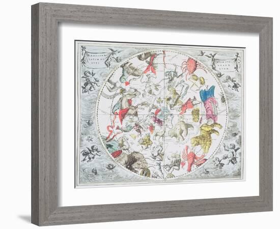 Celestial Planisphere Showing Zodiac Signs, from 'The Celestial Atlas, or The Harmony of Universe'-Andreas Cellarius-Framed Giclee Print