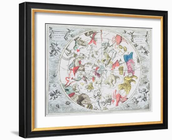 Celestial Planisphere Showing Zodiac Signs, from 'The Celestial Atlas, or The Harmony of Universe'-Andreas Cellarius-Framed Giclee Print