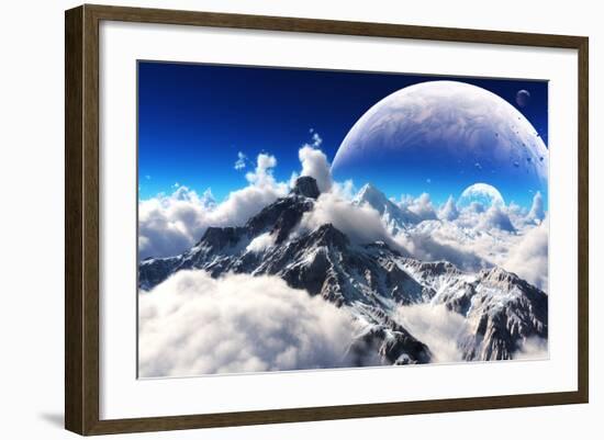Celestial View of Snow Capped Mountains and an Alien Planet.-Digital Storm-Framed Art Print