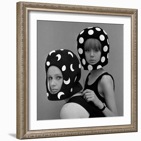 Celia Hammond and Patty Boyd in Edward Mann Dots and Moons Helmets, 1965-John French-Framed Giclee Print