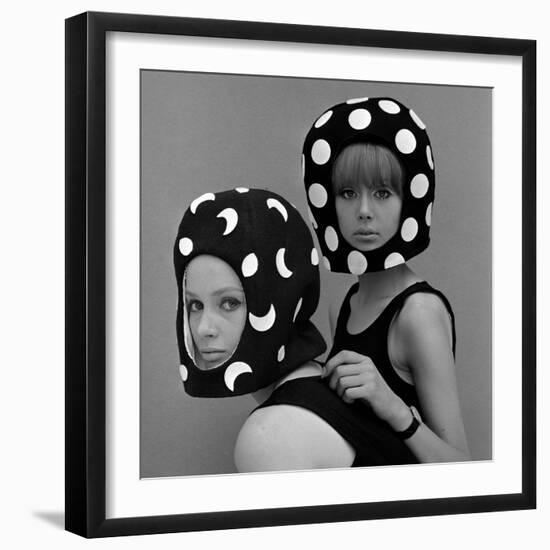 Celia Hammond and Patty Boyd in Edward Mann Dots and Moons Helmets, 1965-John French-Framed Giclee Print