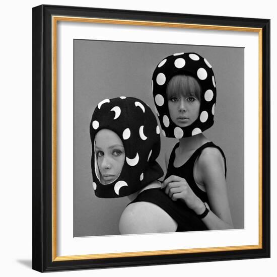 Celia Hammond and Patty Boyd in Edward Mann Dots and Moons Helmets, 1965-John French-Framed Giclee Print