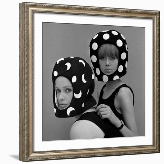 Celia Hammond and Patty Boyd in Edward Mann Dots and Moons Helmets, 1965-John French-Framed Giclee Print