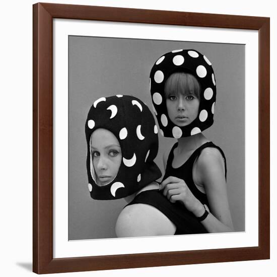 Celia Hammond and Patty Boyd in Edward Mann Dots and Moons Helmets, 1965-John French-Framed Giclee Print