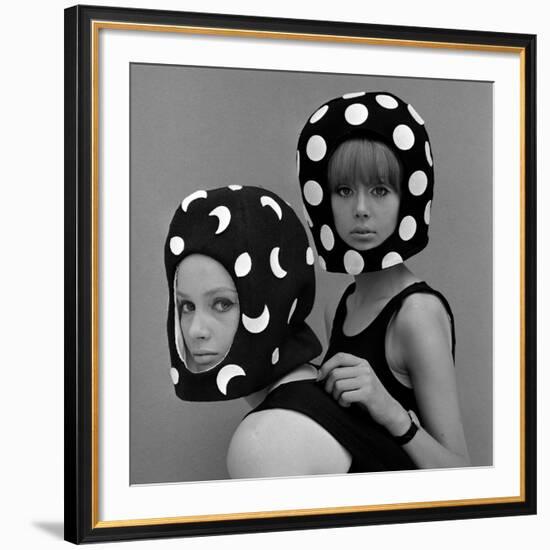 Celia Hammond and Patty Boyd in Edward Mann Dots and Moons Helmets, 1965-John French-Framed Giclee Print