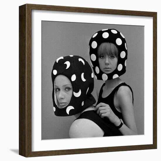 Celia Hammond and Patty Boyd in Edward Mann Dots and Moons Helmets, 1965-John French-Framed Giclee Print