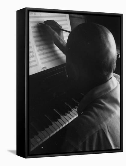 Cellist Pablo Casals at the Piano Studying a Musical Score-Gjon Mili-Framed Premier Image Canvas