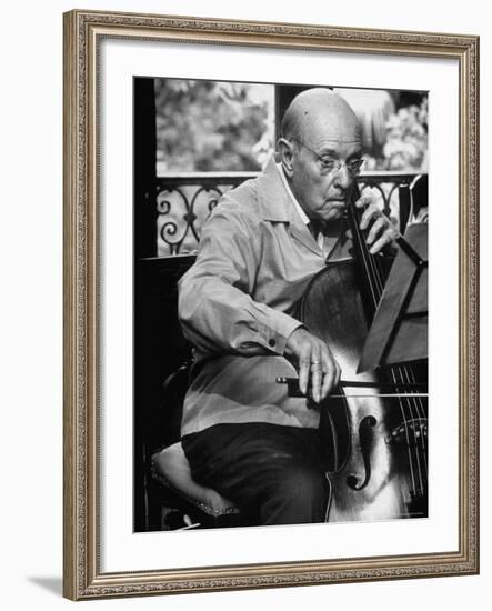 Cellist Pablo Casals Rehearsing at His Home in Prades-Gjon Mili-Framed Premium Photographic Print