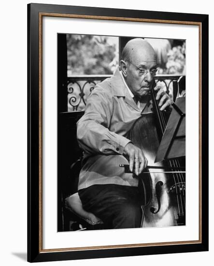 Cellist Pablo Casals Rehearsing at His Home in Prades-Gjon Mili-Framed Premium Photographic Print