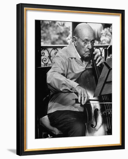 Cellist Pablo Casals Rehearsing at His Home in Prades-Gjon Mili-Framed Premium Photographic Print