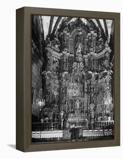 Cellist Pablo Casals Rehearsing His Cello Solo at the Baroque Altar of Church of St. Pierre-Gjon Mili-Framed Premier Image Canvas