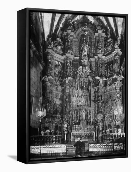 Cellist Pablo Casals Rehearsing His Cello Solo at the Baroque Altar of Church of St. Pierre-Gjon Mili-Framed Premier Image Canvas